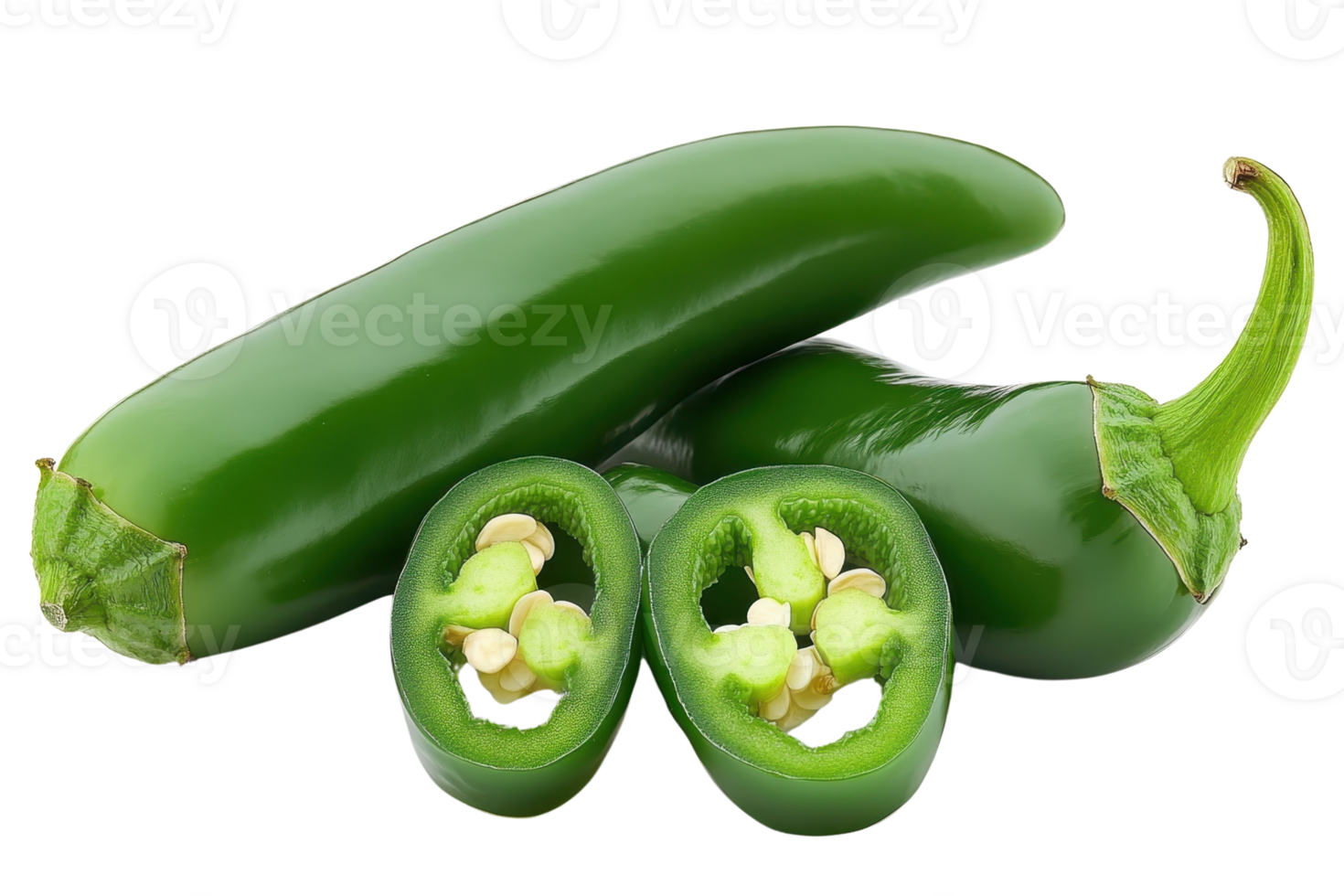 Fresh green jalapeno peppers, whole and sliced, isolated on transparent background. Perfect for cooking recipes and adding spice. png