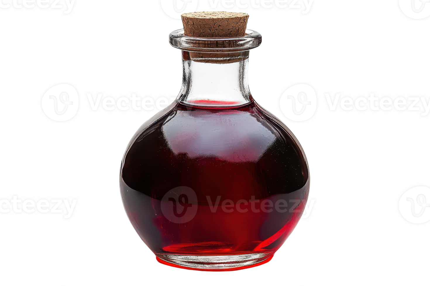 Glass bottle with red liquid, cork stopper. Perfect for recipes, cosmetics, medicinal use, or as a decorative piece. png