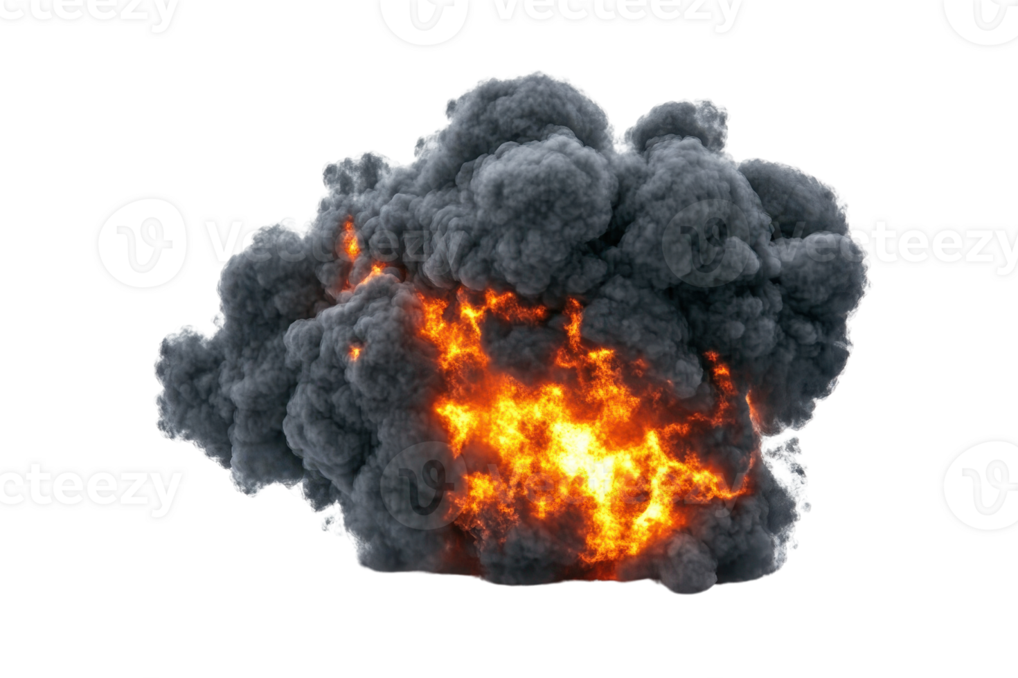Dramatic explosion with dark smoke and bright flames isolated on a transparent background. perfect for action scenes or disaster concepts. png