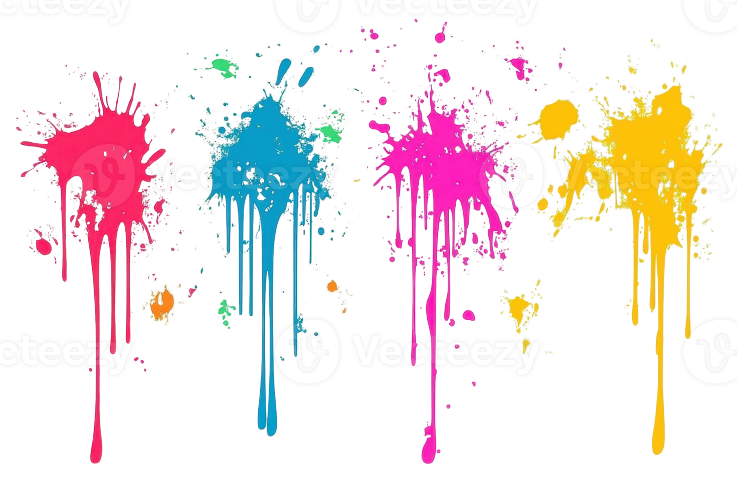 Colorful paint splashes forming artistic abstract background with bright vibrant hues of red, blue, pink, and yellow. png