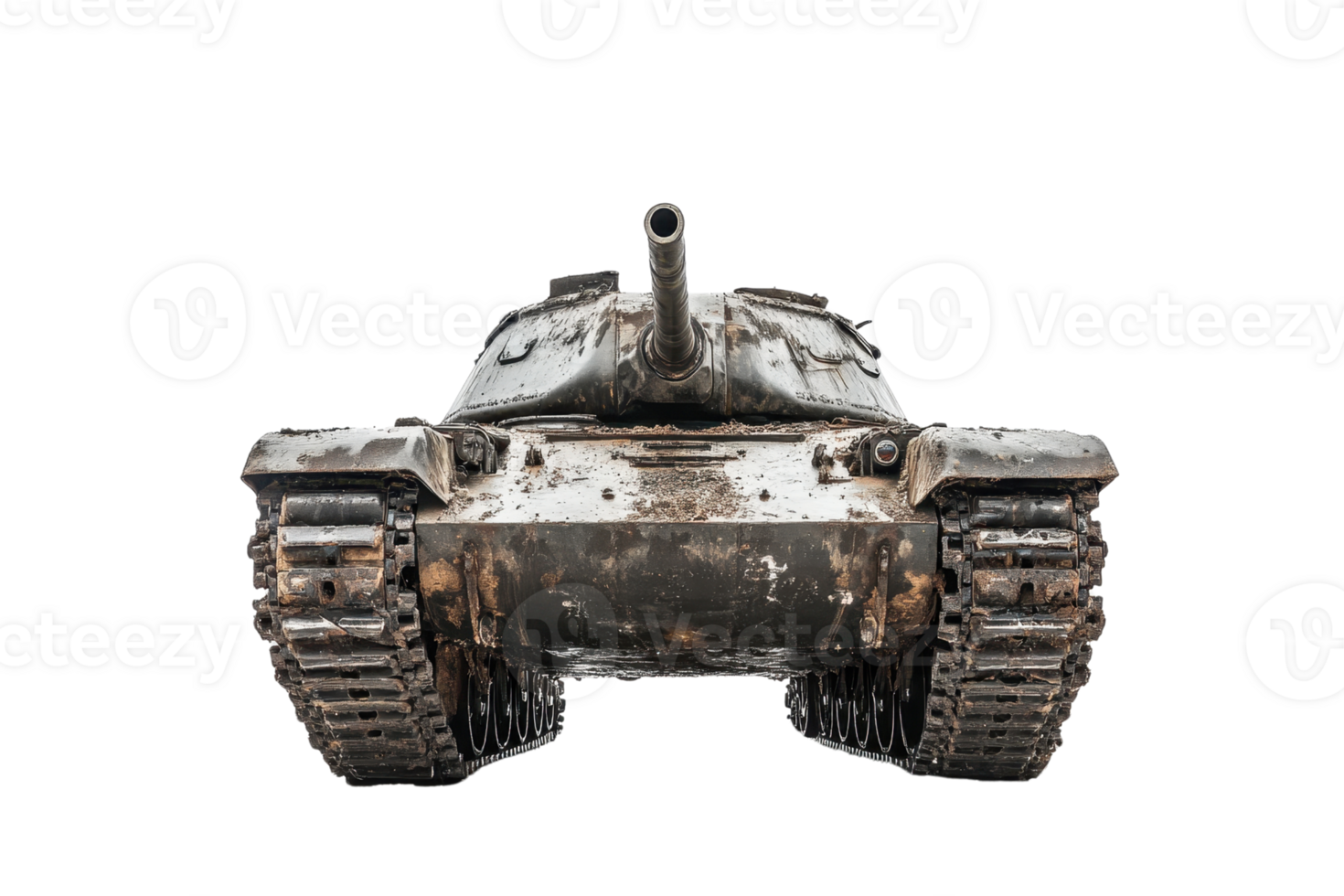 Front view of an armored military tank, isolated on a transparent background. showcasing its powerful build and rugged design. png