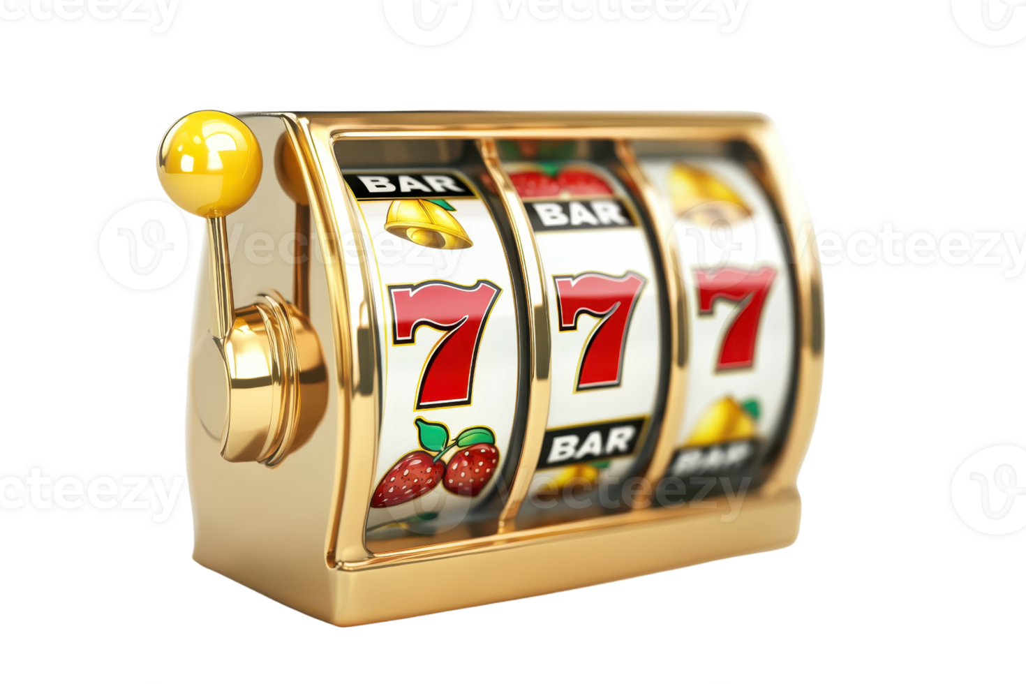 Golden slot machine with triple sevens jackpot on reels, symbolizing winning and luck in gambling. Isolated on transparent background. png