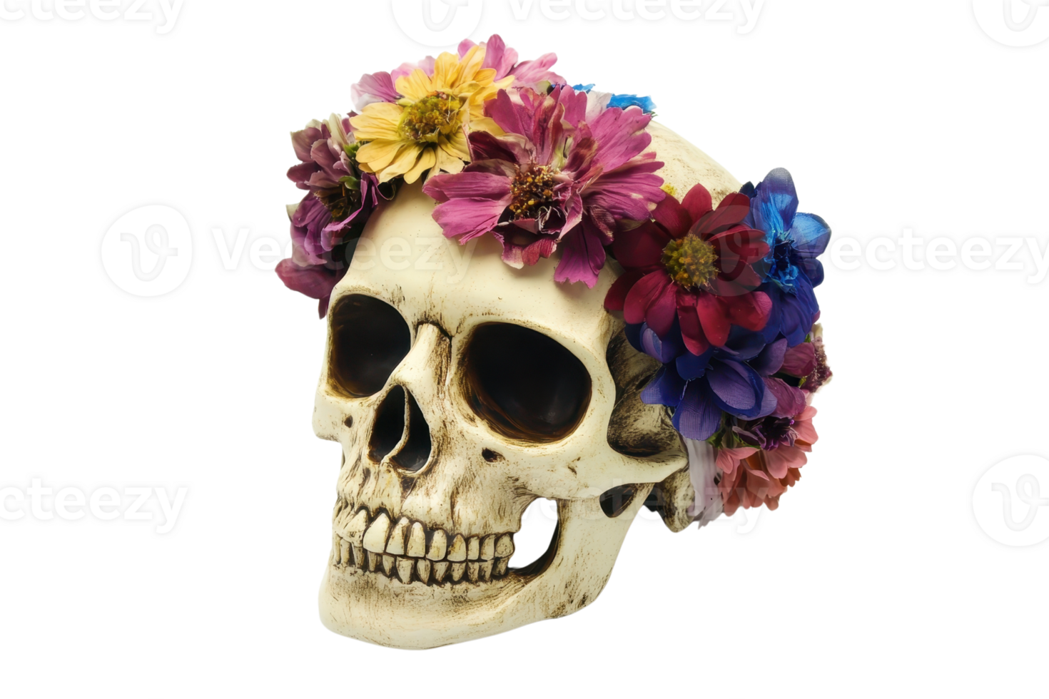 Artistic human skull adorned with colorful flowers, symbolizing the juxtaposition of life and death in an imaginative and beautiful manner. png