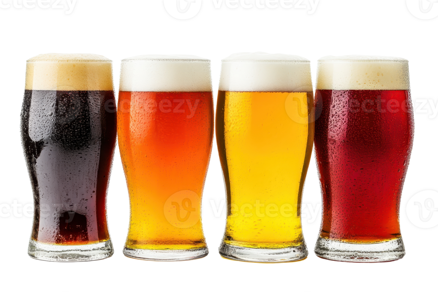 Four glasses of different types of beer lined up in a row, showcasing a variety of colors from dark to light, with frothy heads. png