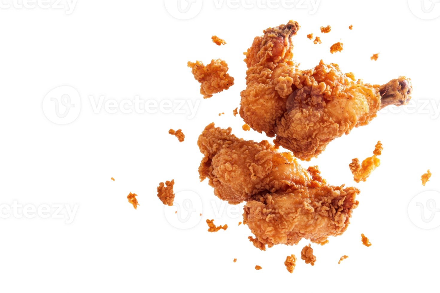 Crispy golden-brown fried chicken with scattered crunchy breadcrumbs on a transparent background. showcasing delicious fast food and perfect texture. png