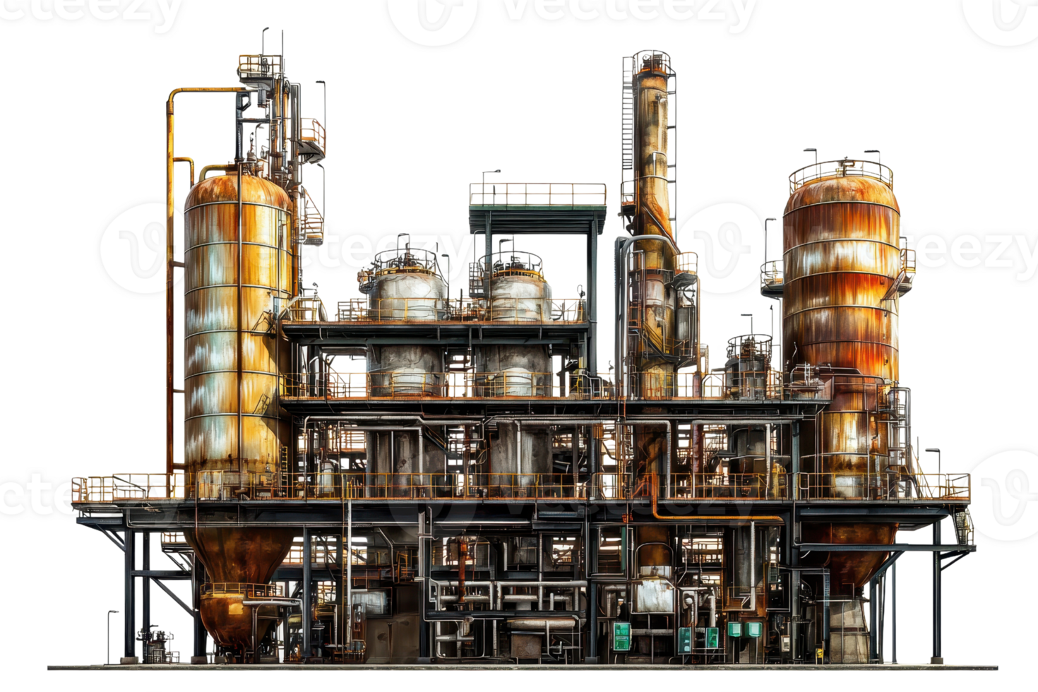 An industrial refinery with large tanks and complex piping systems, showcasing advanced industrial engineering and infrastructure. png