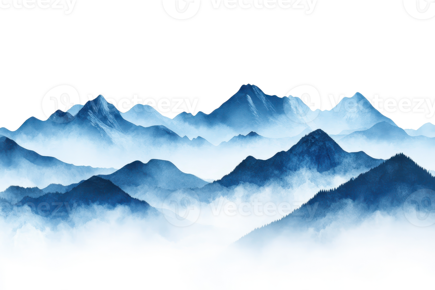 Serene mountain landscape with peaks emerging through mist, creating a tranquil and breathtaking natural scene in blue tones. png