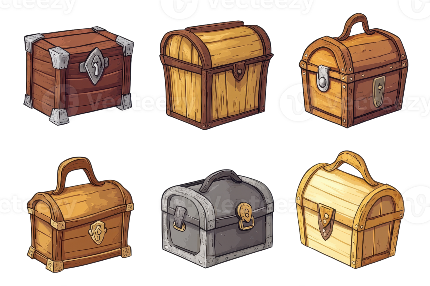 Set of six colorful cartoon treasure chests of varying designs and colors. Ideal for fantasy themes, gaming, and digital art projects. png