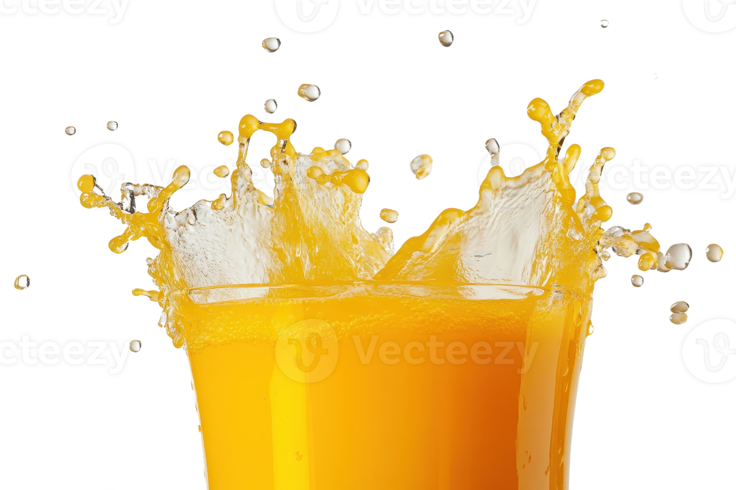 Refreshing splash of orange juice in a clear glass against a transparent background. capturing the vibrant and energetic burst of citrus. png