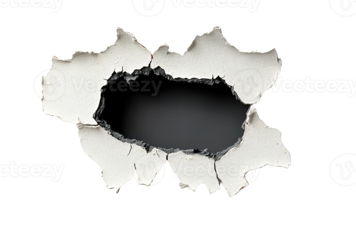 Large hole in the wall with torn edges and a dark center, perfect for background or text overlay in design projects. png