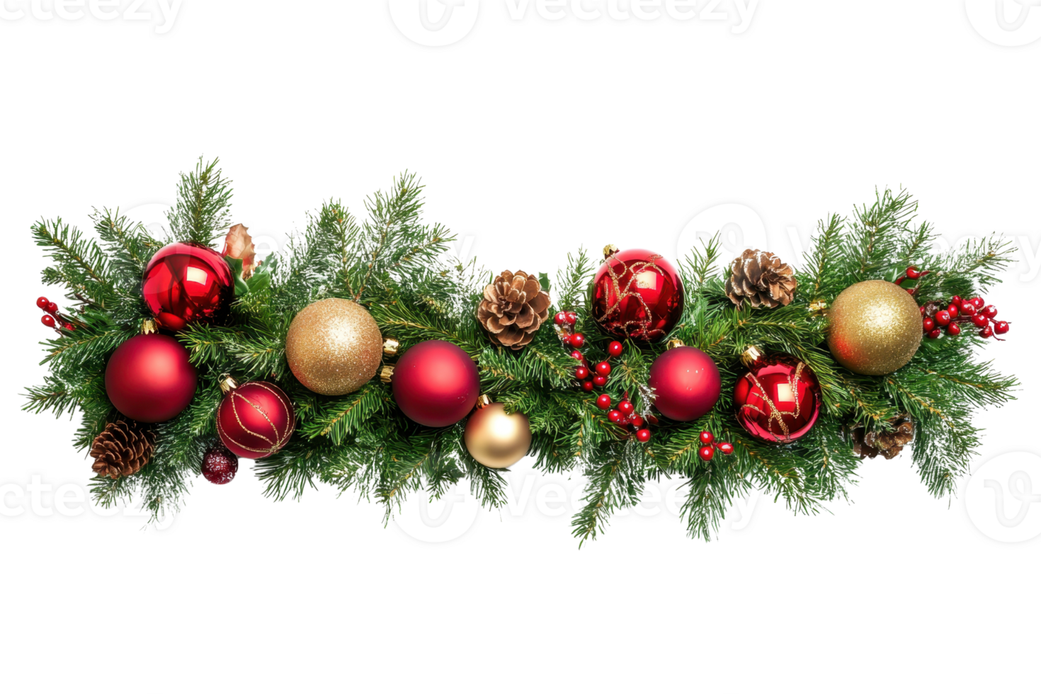 Festive Christmas wreath with red and gold ornaments, pine cones, and evergreen branches, perfect for holiday decorations and celebrations. png