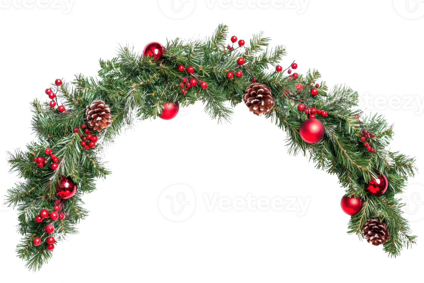 Festive Christmas garland with pinecones, red berries, and ornaments. Perfect for holiday decor and adding a seasonal touch to any space. png