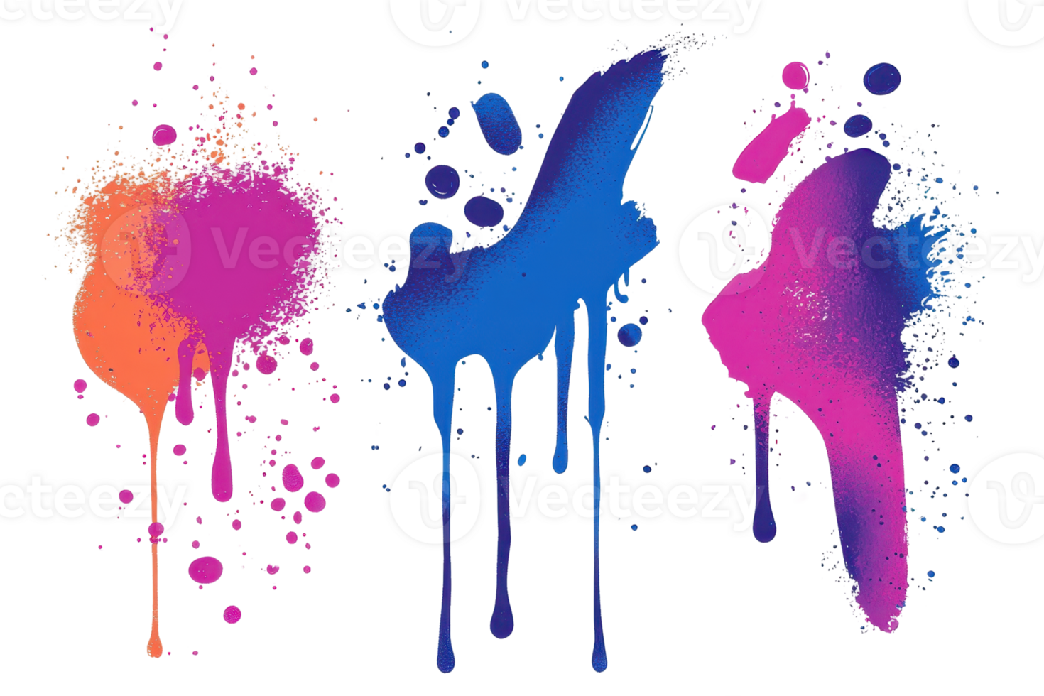 Vibrant abstract paint splashes in various colors and shapes isolated on a transparent background. Perfect for artistic and creative design concepts. png