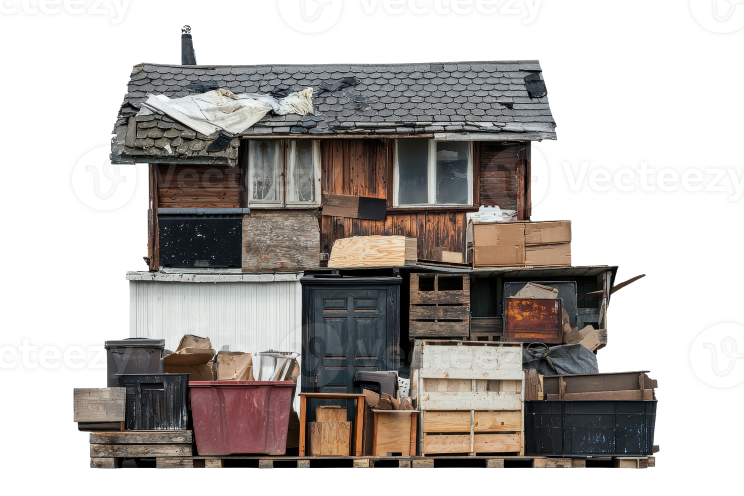 An old, abandoned wooden house filled with various items and clutter, showcasing a rustic and worn-down look. png
