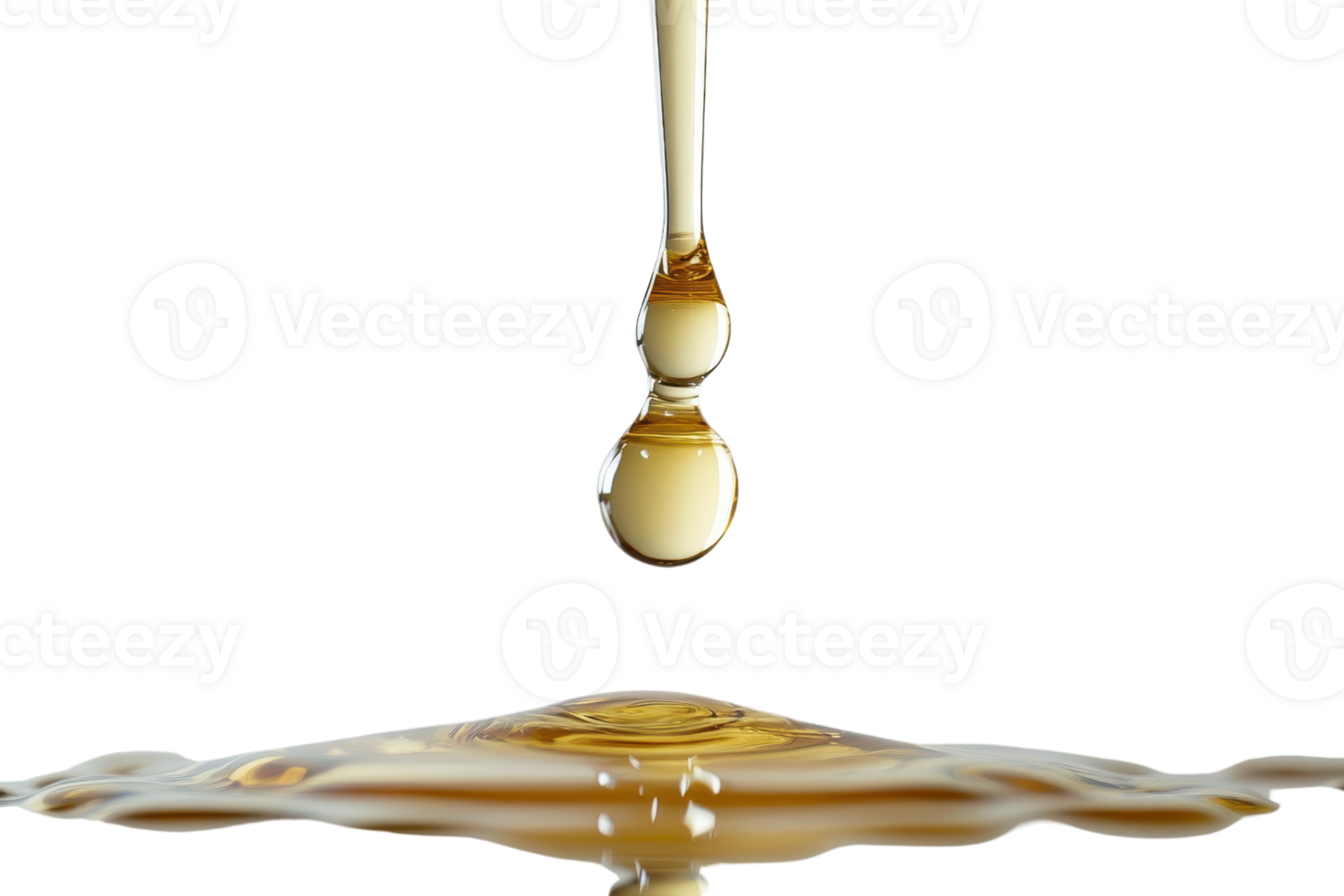Close-up of a golden oil drop falling into liquid, capturing the impact and splash in stunning detail against a transparent background. png