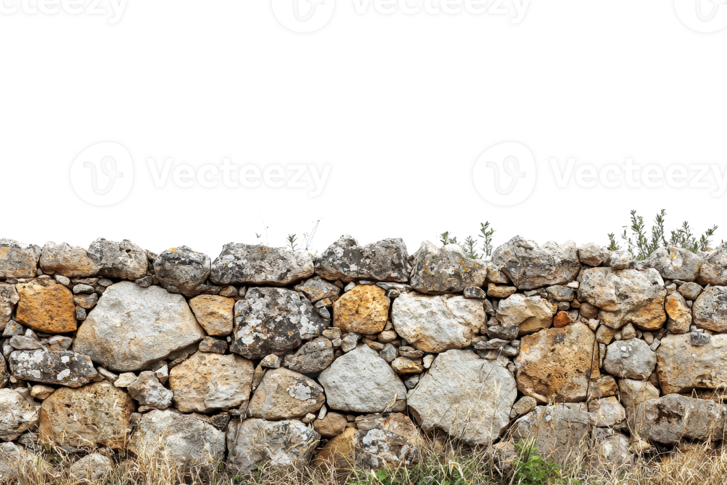 Old stone wall with moss and plants growing on top, isolated on a transparent background. Perfect for historical or architectural designs. png