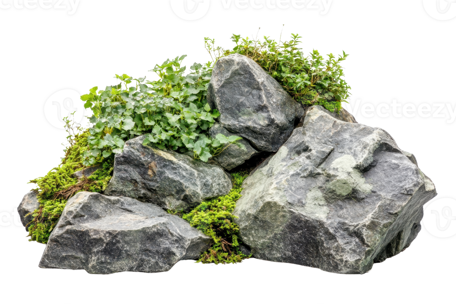 Natural rock formation with green moss and vegetation, isolated on transparent background. perfect for landscaping and nature-themed projects. png