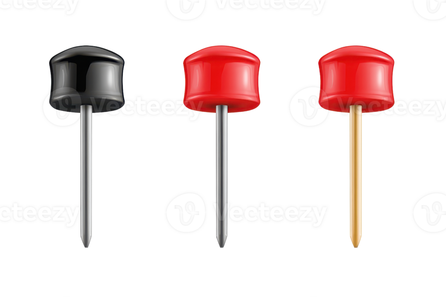 Three push pins, one black and two red, isolated on transparent background. for office and stationery uses. png