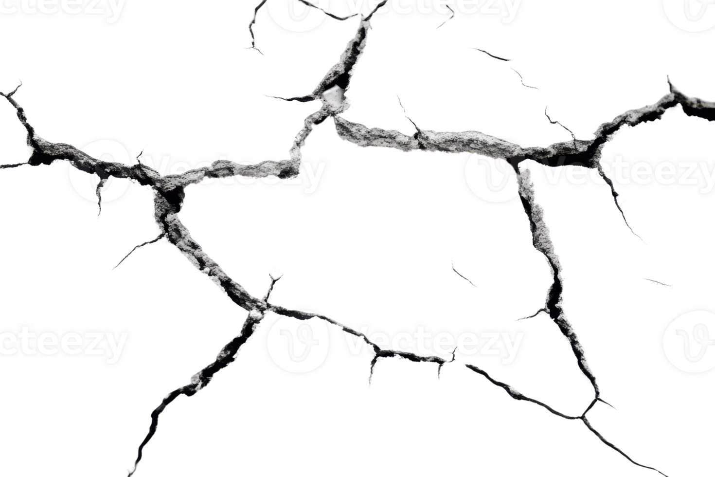 Black and white image of a detailed crack or fracture on a dark background, resembling a lightning pattern. png