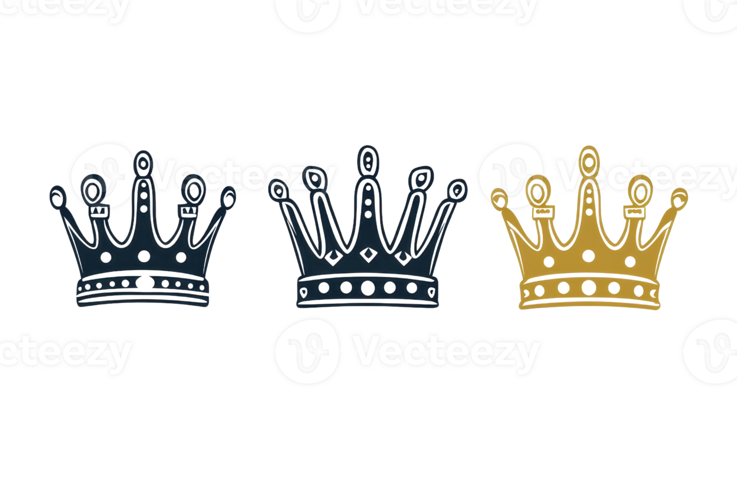 Illustration of three royal crowns in blue and gold, representing royalty, luxury, and elegance. Perfect for design and decoration purposes. png