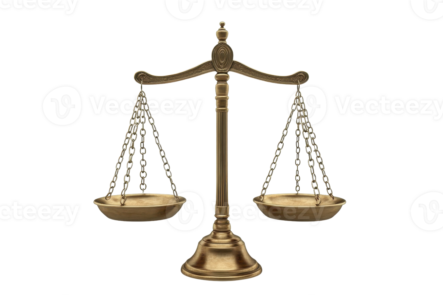 Bronze balance scale, symbolizing justice and equality, wooden base, transparent background. perfect for legal and law-related themes. png