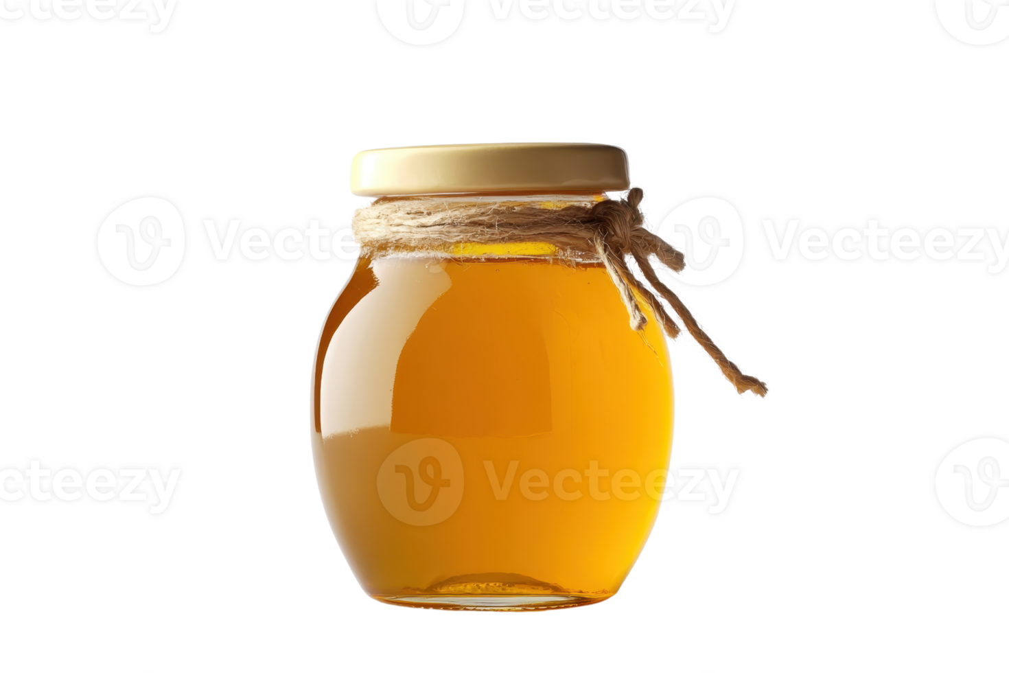 A jar of golden honey with a metal lid and twine decoration, isolated on a transparent background. perfect for culinary and natural ingredient uses. png