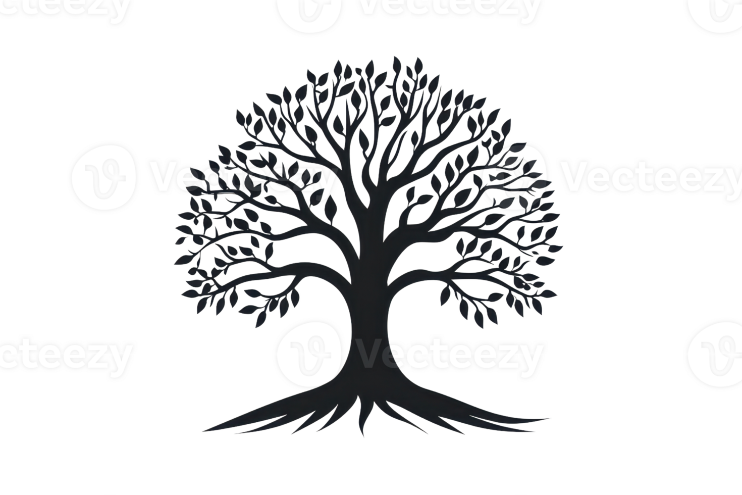 Black silhouette tree illustration isolated on a transparent background. featuring detailed branches and roots. Perfect for nature and design projects. png