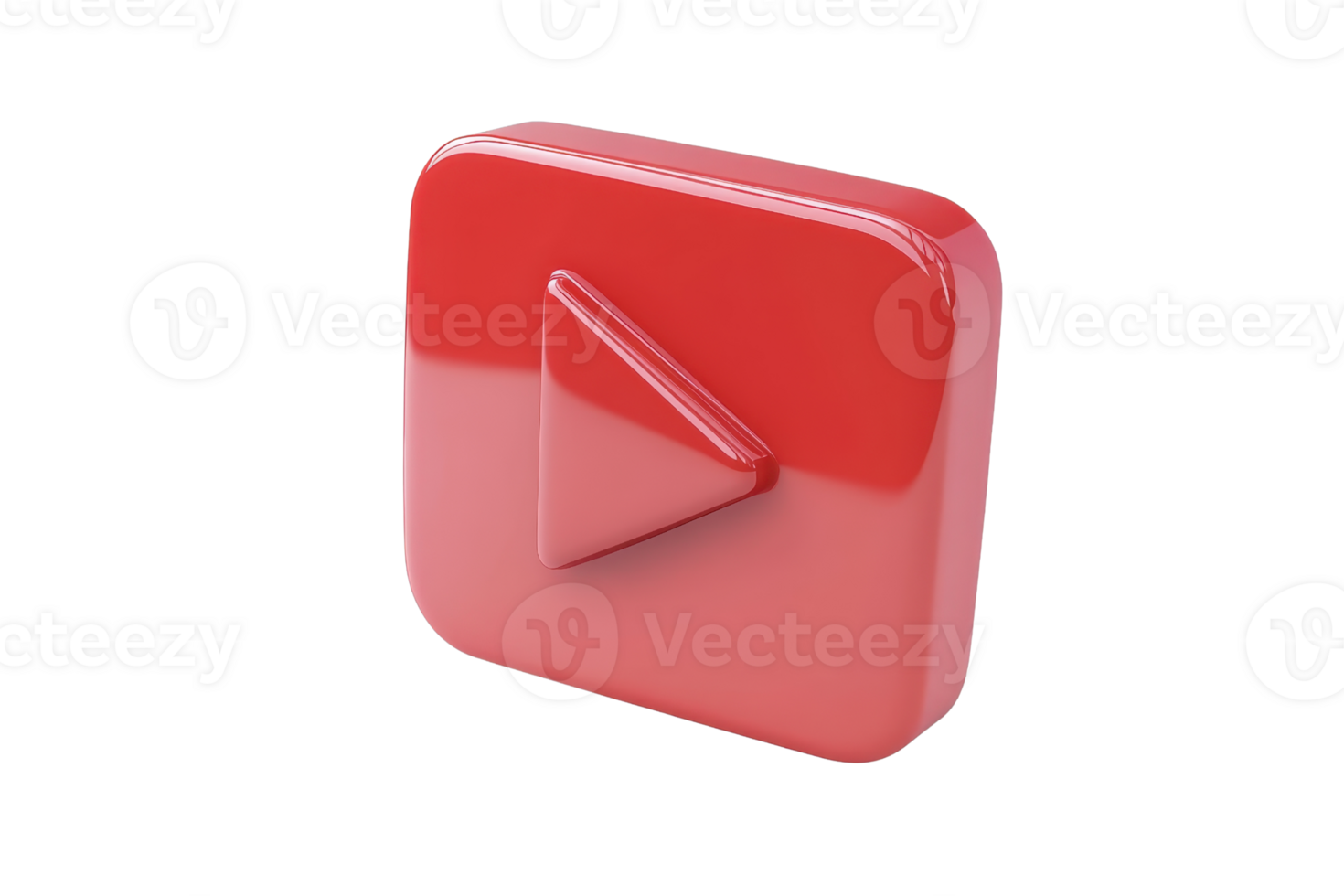3D rendering of a shiny red play button icon with a triangular symbol, isolated on a transparent background. png