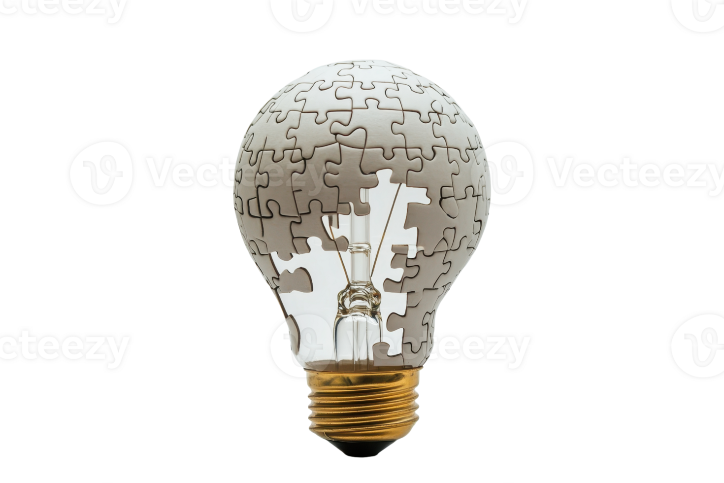 Creative concept image of a light bulb made of puzzle pieces, symbolizing ideas, innovation, and problem solving on a transparent background. png