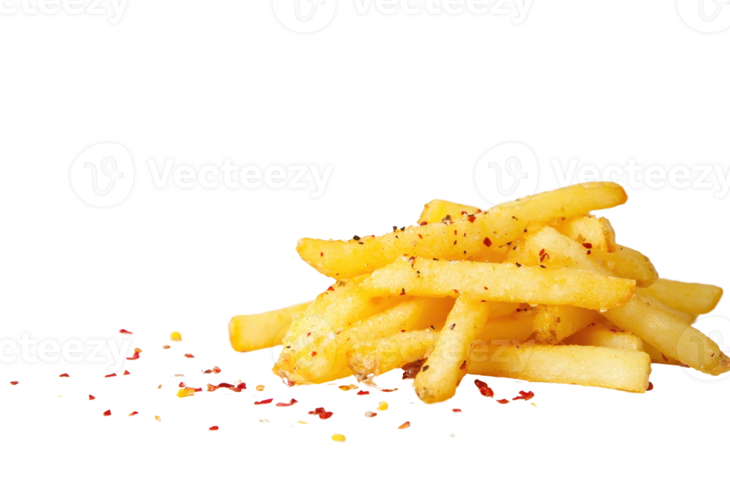 Crispy golden French fries seasoned with spices on transparent background. Perfect for fast food, snacking, and delicious side options. png