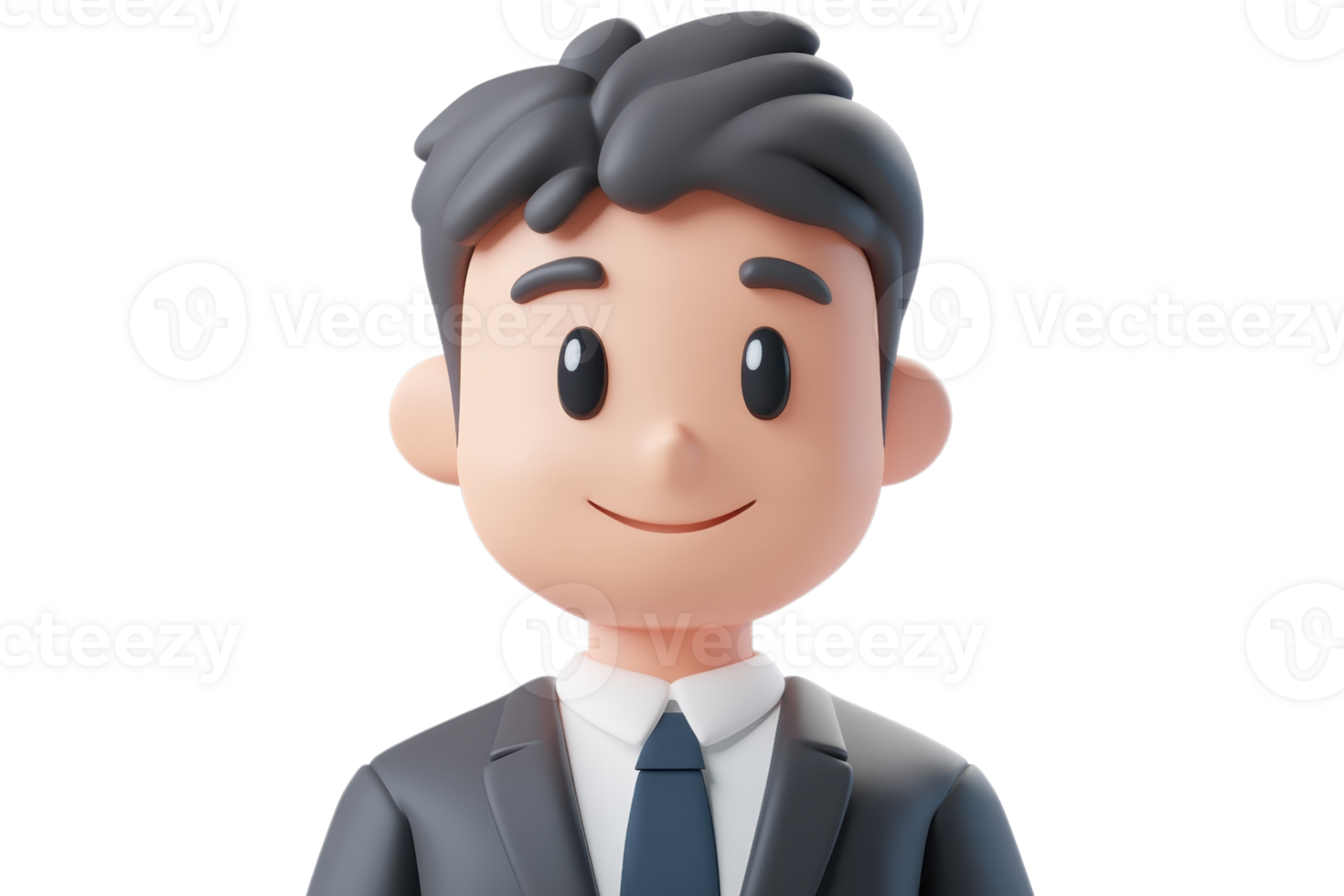 3D illustration of a smiling cartoon businessman in a suit and tie, isolated on a transparent background. png