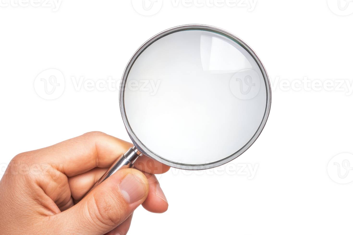 Close-up hand holding a magnifying glass isolated on transparent background. ideal for search, research, and investigation concepts. png