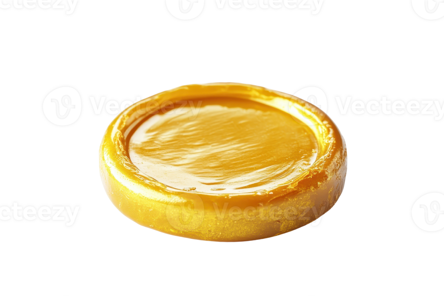 Close-up of a single round caramel candy with smooth glossy surface on a transparent background. highlighting its rich golden-brown color. png