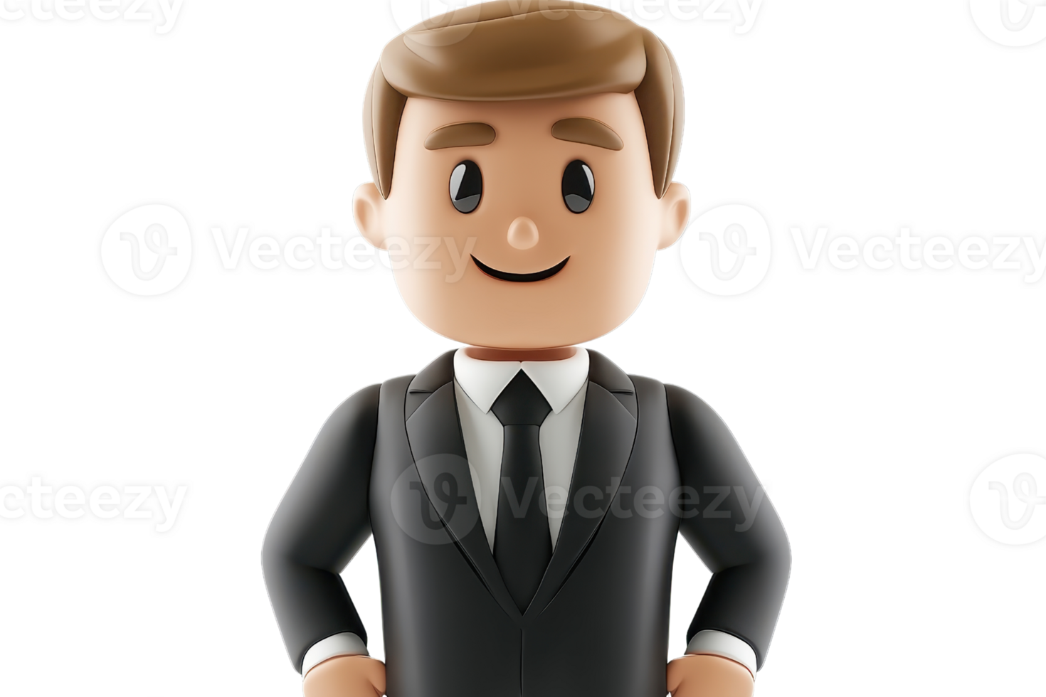 3D illustration of a cartoon businessman in a suit and tie, smiling confidently, isolated on white. Professional, corporate, animated character. png