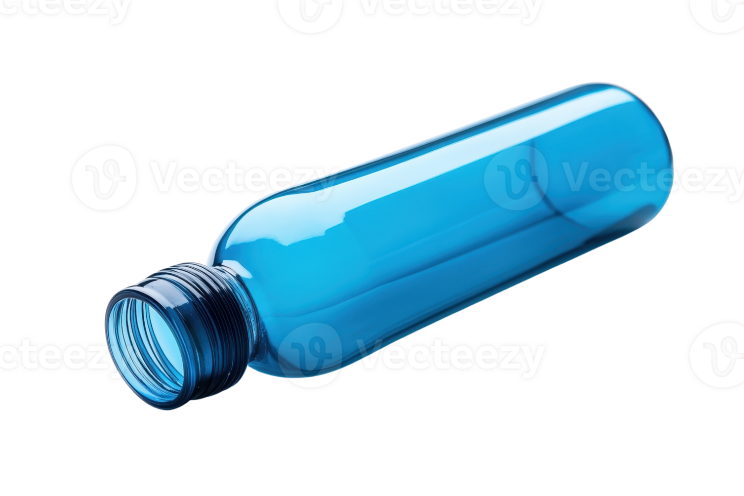 High-quality image of an empty blue plastic bottle lying on its side, isolated on a transparent background. perfect for packaging and recycling themes. png