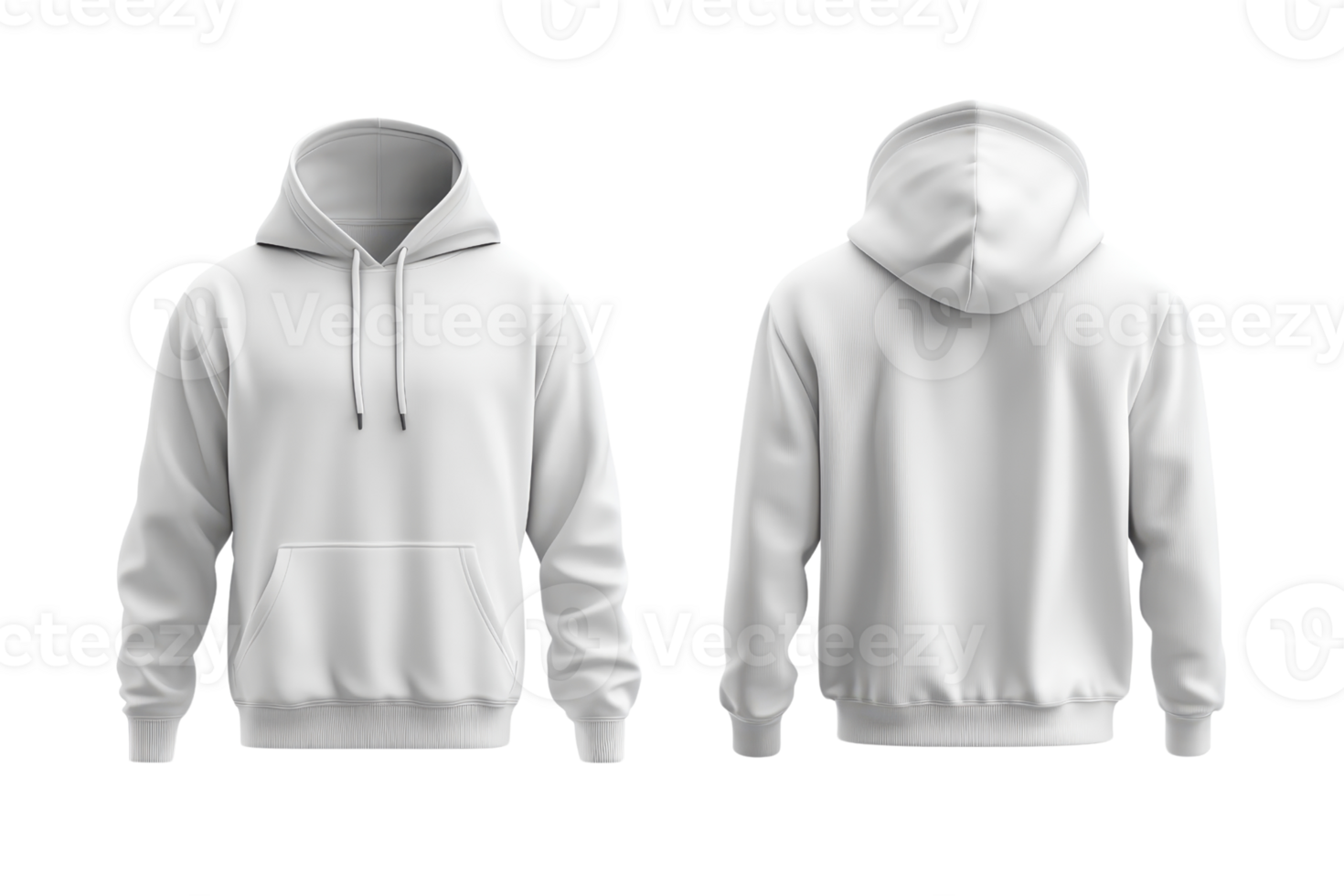 White hoodie template on transparent background showing front and back views, perfect for apparel design mockups and branding purposes. png