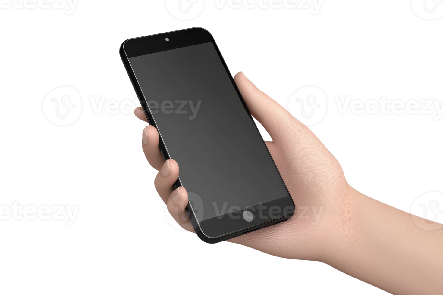 Close-up of a hand holding a modern smartphone with a black screen, isolated on a transparent background. Perfect for technology and communication concepts. png