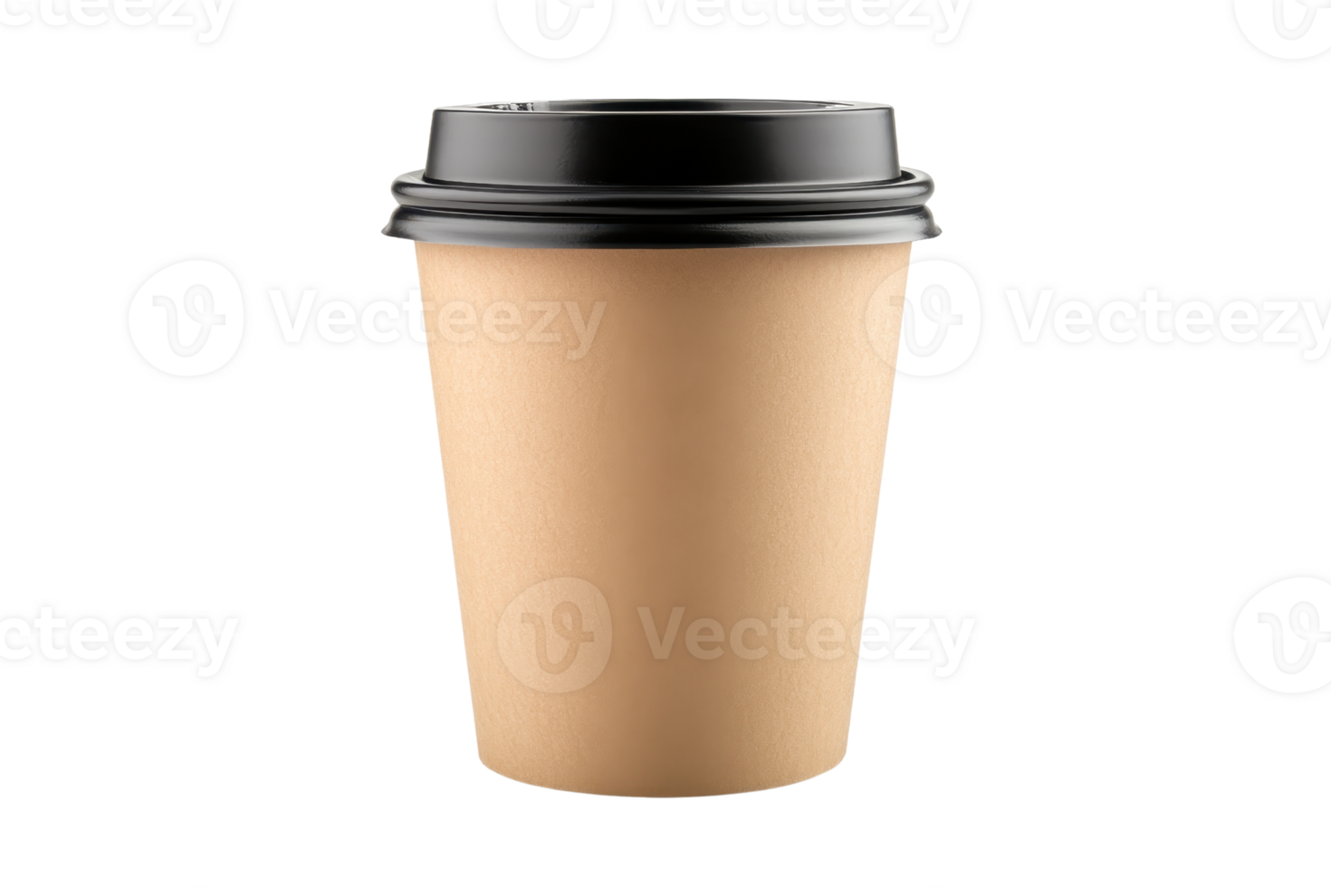 Disposable coffee cup with black lid isolated on transparent background. Perfect for takeout beverages, cafes, and branding presentations. png