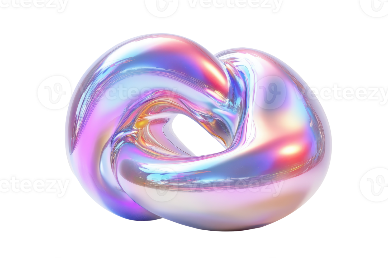 Abstract 3D iridescent twisted torus with holographic colors on transparent background. digital illustration of modern shape. png