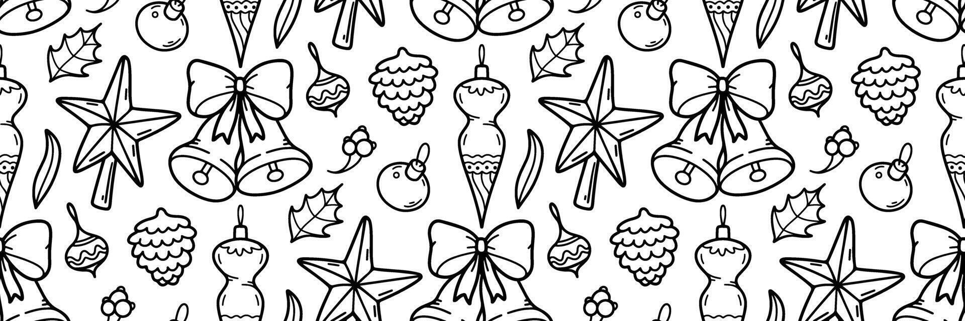 Christmas outline pattern. Horizontal background with Christmas tree toys, bows, cones, bells, star on top of fir. Festive winter doodle background. illustration for holidays, wrapping paper. vector