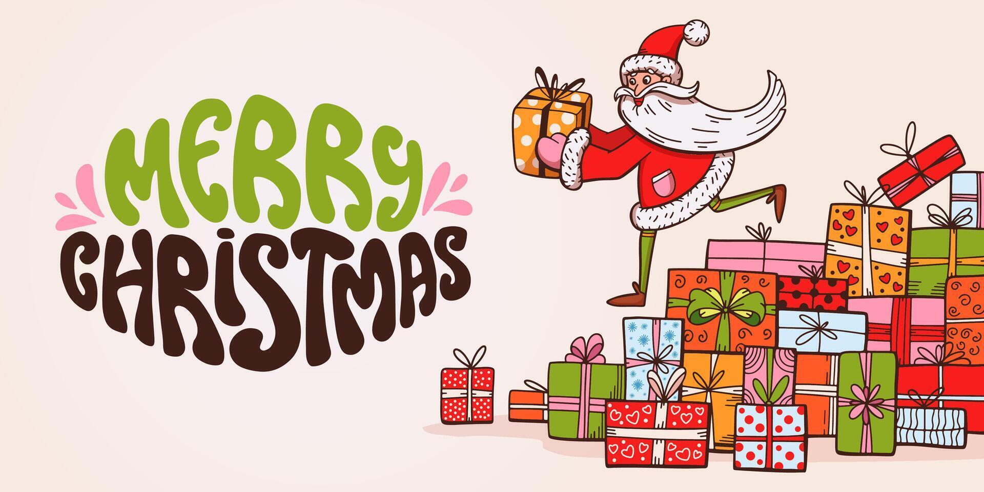 Merry Christmas horizontal banner. Funny Santa Claus and many gifts. Hand written Groovy lettering. Festive color doodle background. For invitation, congratulation, web, cards. illustration. vector