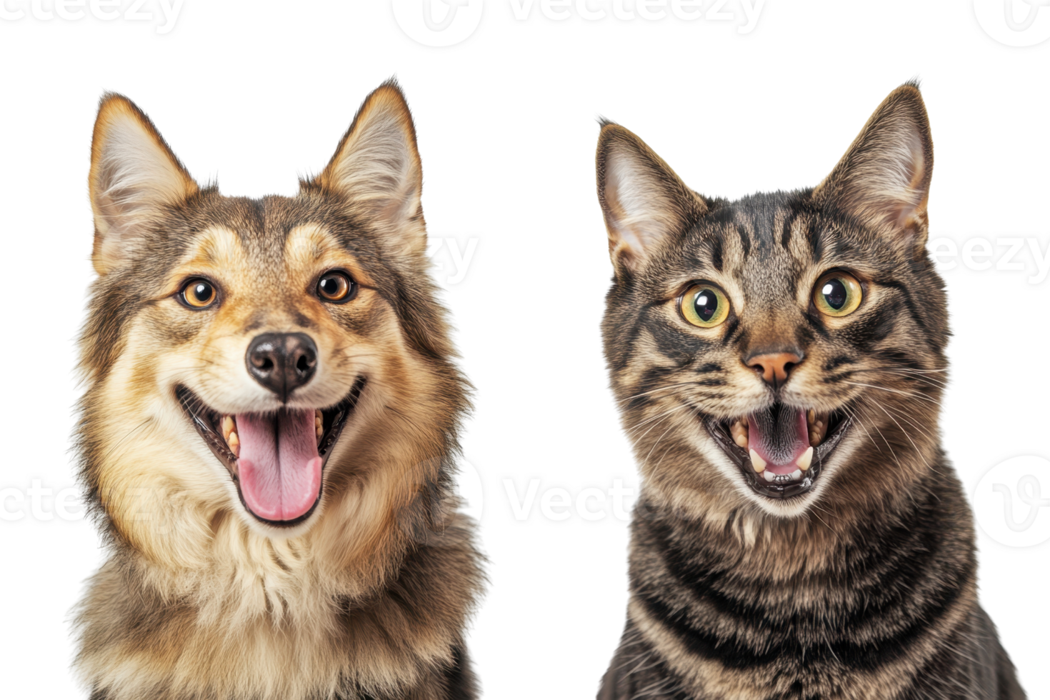 Adorable happy dog and cat side by side with joyful expressions, isolated on a transparent background. Perfect for pet-related content and advertising. png