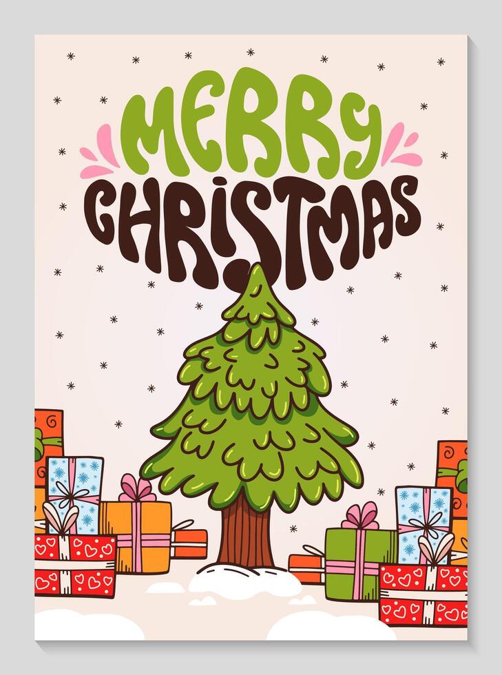 Merry Christmas postcard with groovy lettering. Small Christmas tree and gifts doodle illustration. Fir or pine clip art. Festive poster for invitation, congratulation. doodle illustration. vector