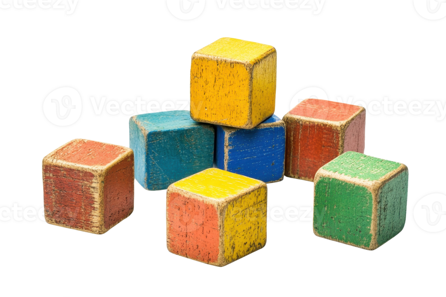 Close-up of colorful vintage wooden toy blocks arranged in a playful stack, creating a nostalgic and charming childhood aesthetic. png