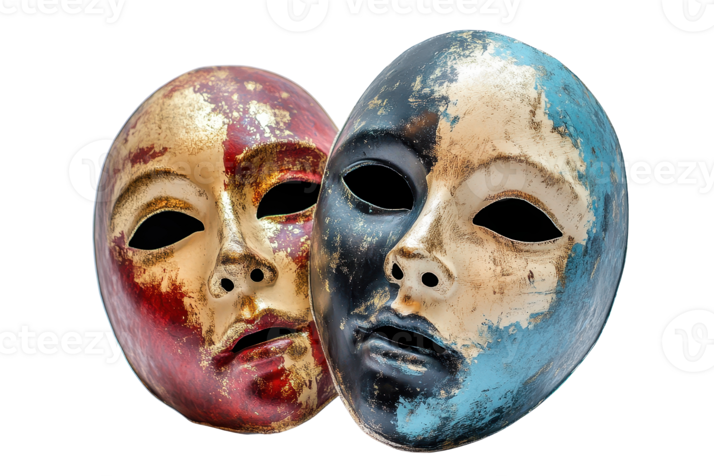 Closeup of two vintage theatrical masks with distressed paint on transparent background. evoking themes of drama and emotion. png