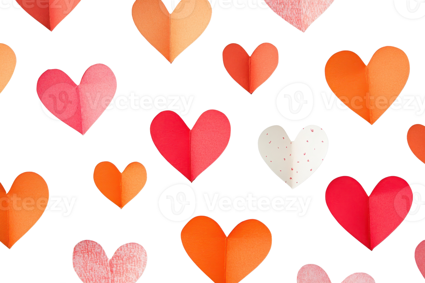 Colorful paper heart shapes pattern on transparent background. Perfect for Valentine's Day, romance, and love-themed designs. png