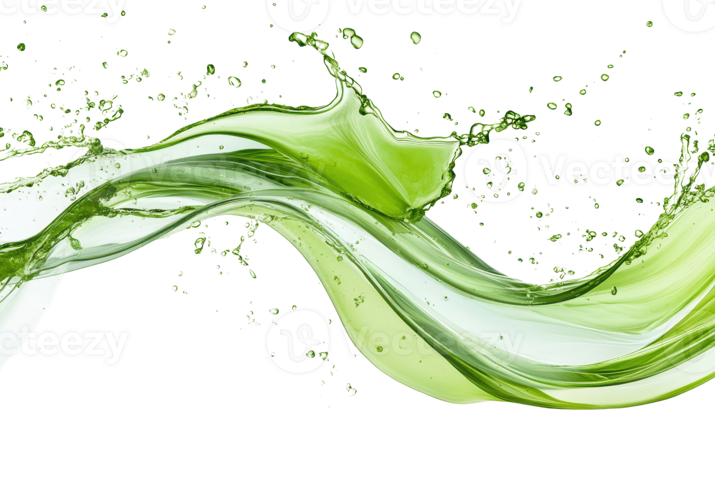 Dynamic green liquid splash with flowing wave and droplets, showcasing vibrant energy and fluid motion on a transparent background. png