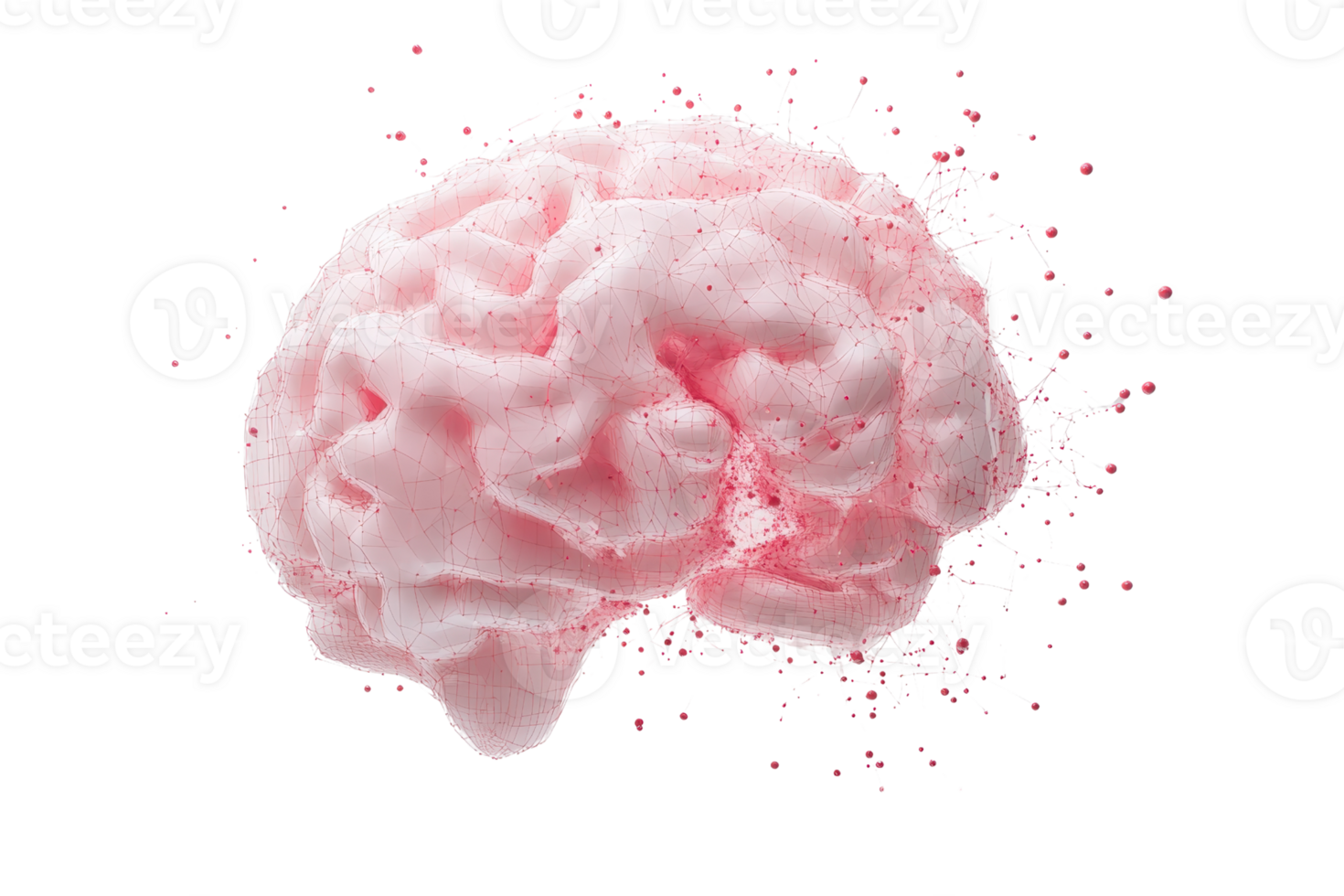 Pink brain model on a transparent background. with abstract splashes around it, representing creativity, knowledge, and imagination. png