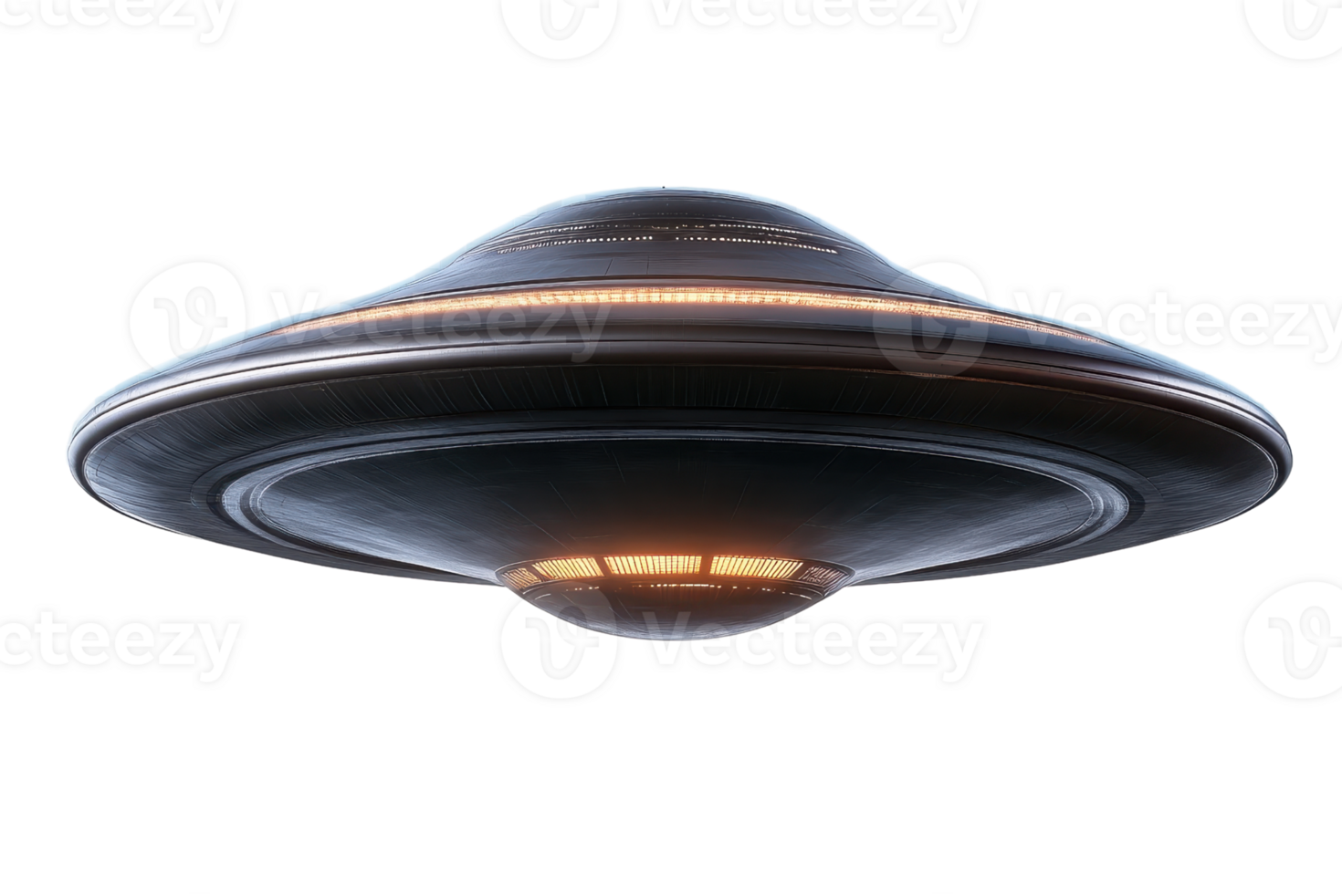 Futuristic flying saucer UFO emitting light, isolated on transparent background. Concept of aliens, sci-fi, and space exploration. png