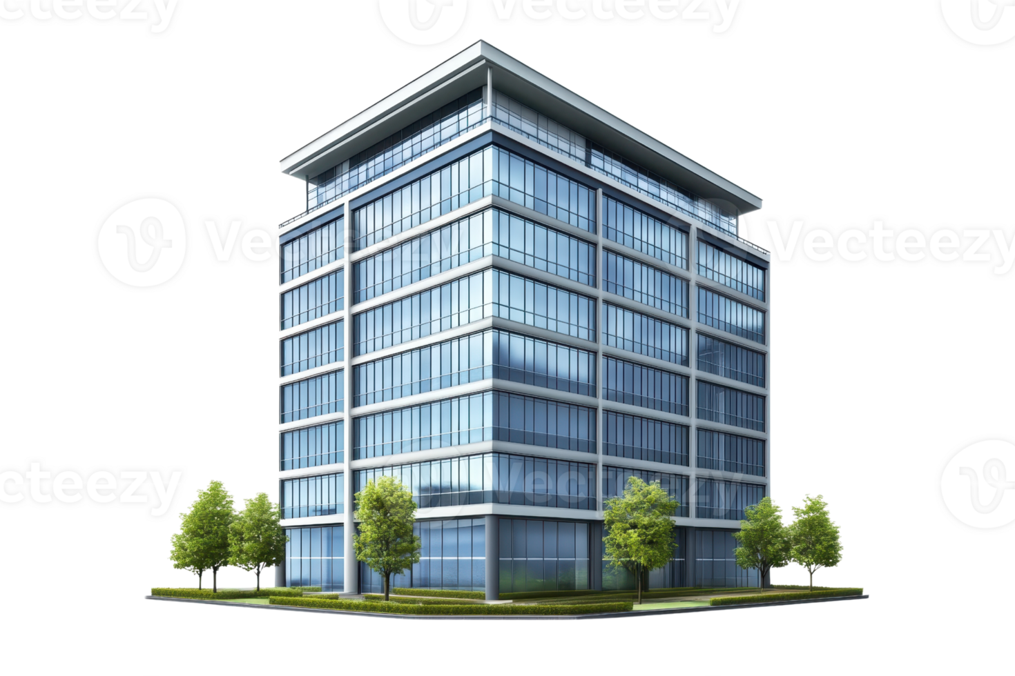 Modern glass office building with trees and green space, sleek architecture, isolated on transparent background. png